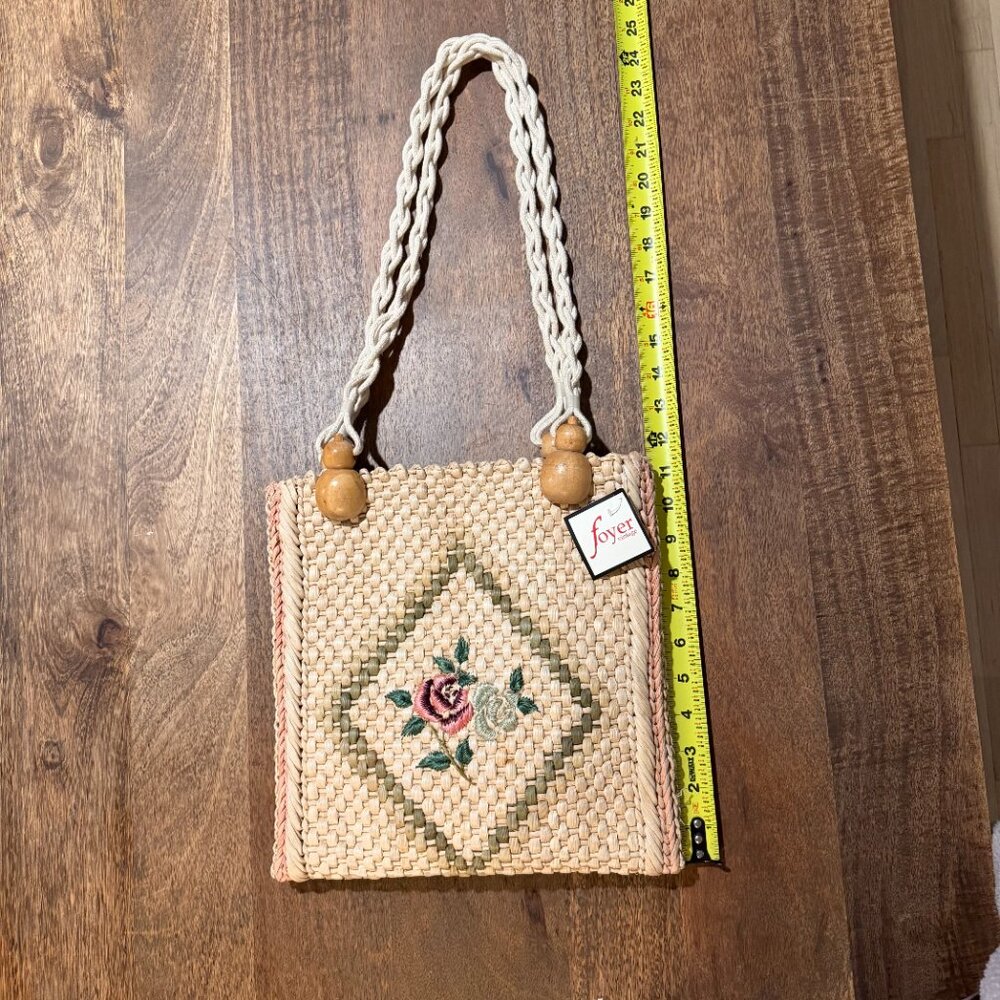 Vintage Woven Straw Shoulder Bag Floral Embroidery Rope Strap Lined Zipper Tote - Picture 6 of 8